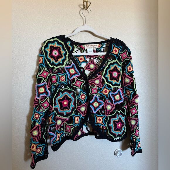 Norm Thompson Sweaters - Vintage Y2K Norm Thompson Bright Floral Crochet Knit Cardigan Sz Large Granny